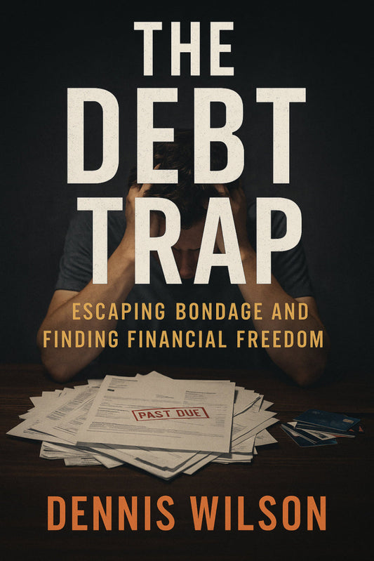 Book cover of 'The Debt Trap' by Dennis Wilson with a person holding their head and financial documents.